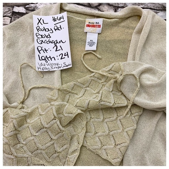 #64 Ruby Rd Gold Metallic Ribbon Bell Sleeve Open Cardigan Sweater XL - Picture 3 of 3